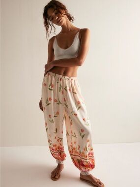 Free People Floral Joggers - Cream with Pink & Green.